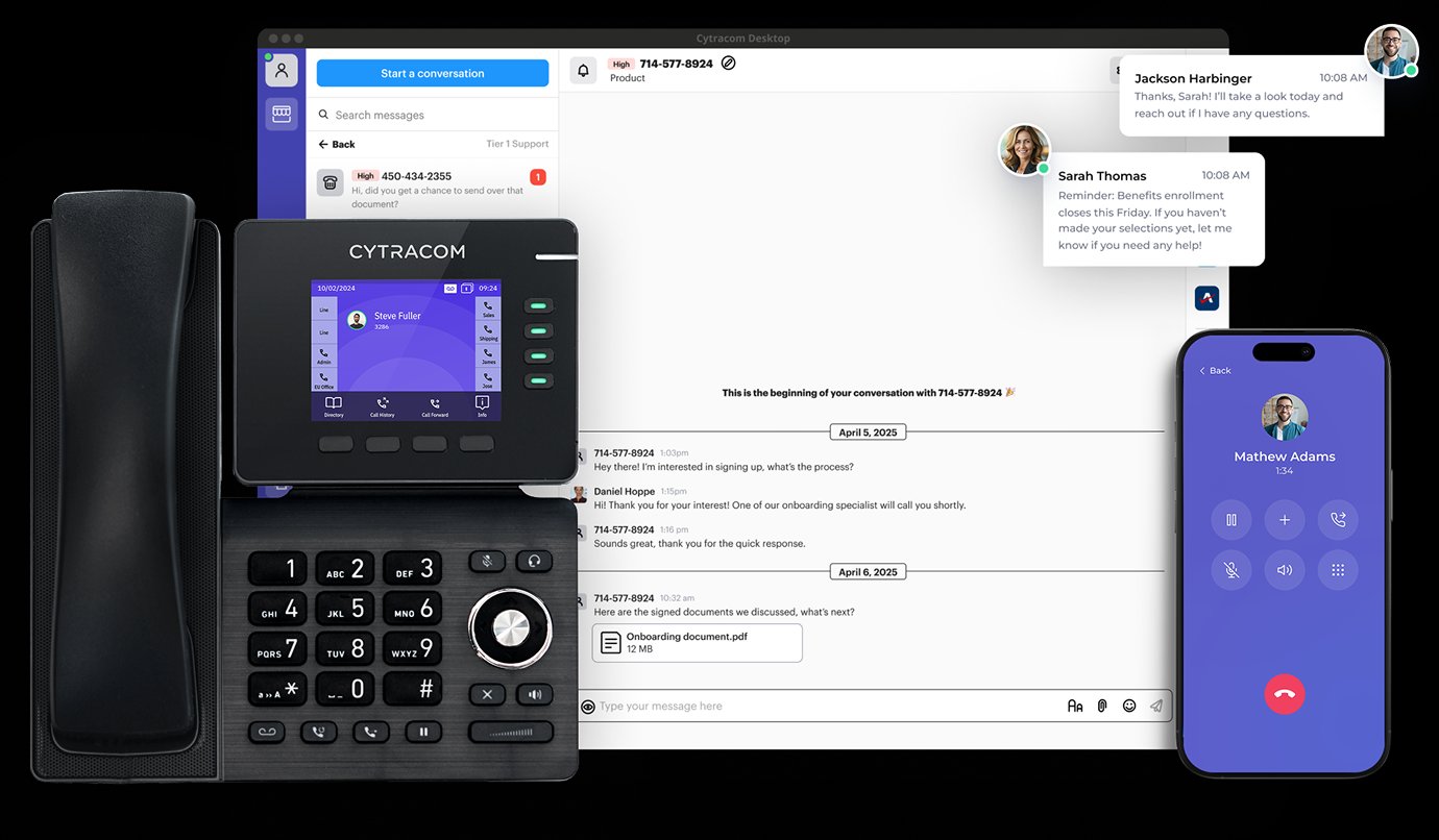 Cytracom unified communications platform — desk phone, desktop app, and mobile app working together